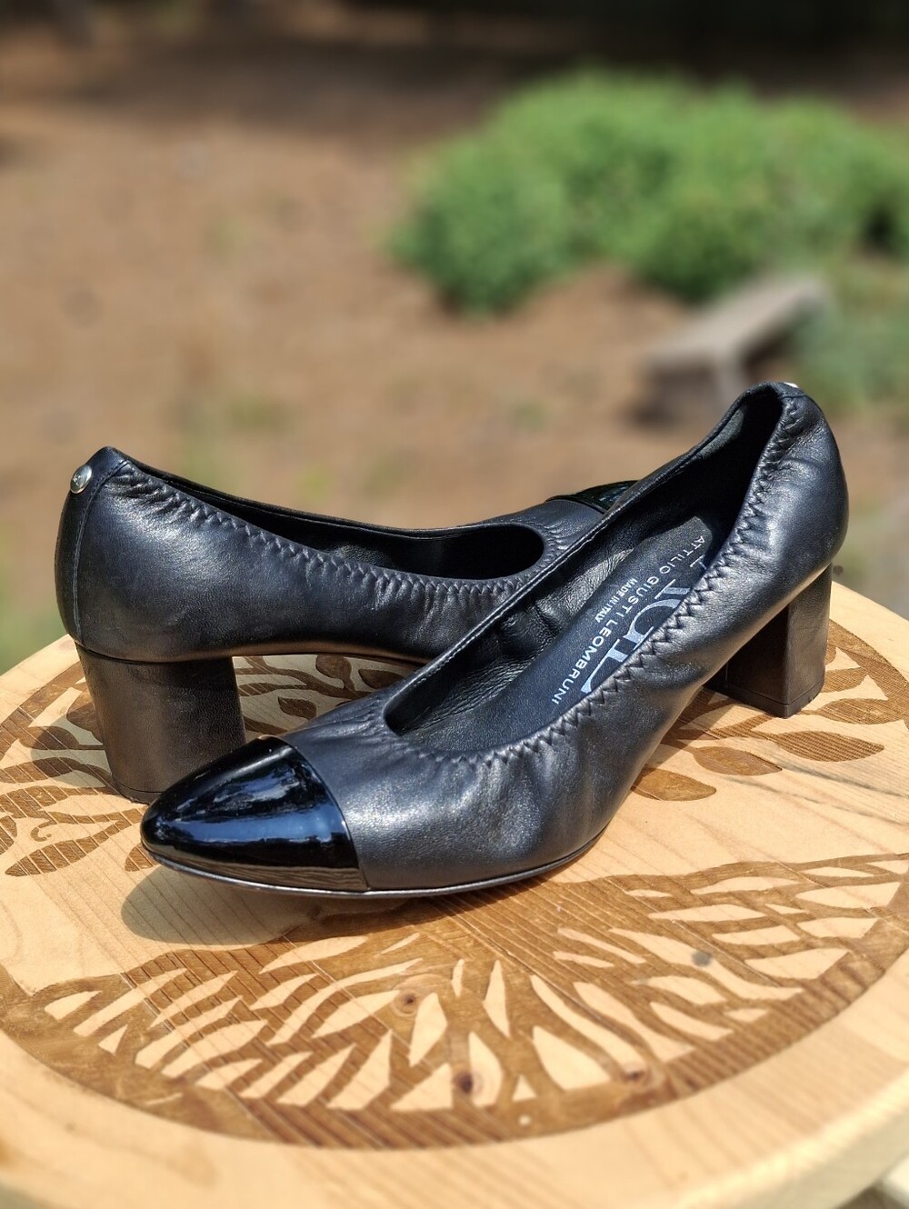 AGL Attilio Giusti Leombruni Classic Black Leather Cap Toe Block Heel Pumps 7.5